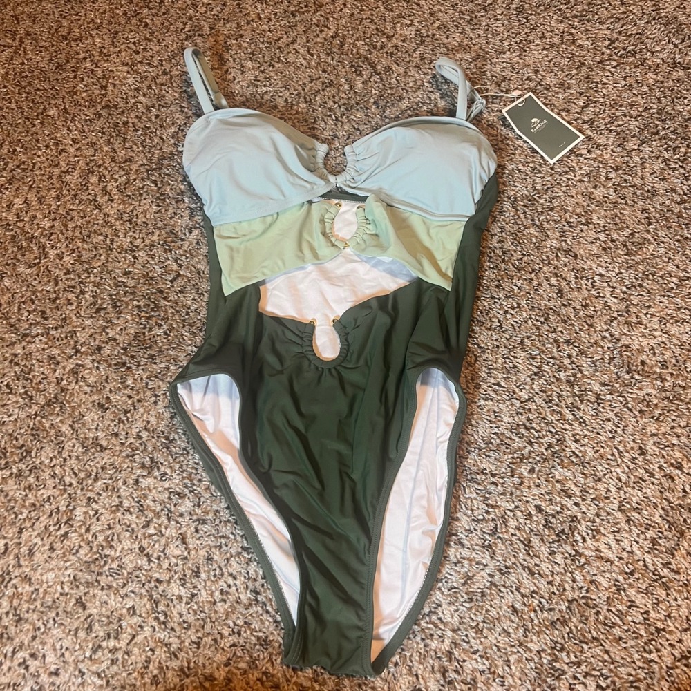 E.M.MENIE One Piece Cutout Swimsuit Women's Green Blue Swimwear